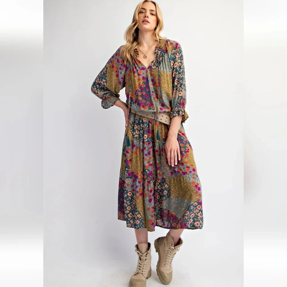 Easel Floral Patchwork Print Rayon Gauze Long Sleeve Dress New